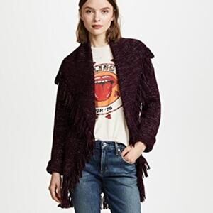 LoveShackFancy Tassel Shawl Baby Alpaca Cardigan Sweater in Eggplant & Gold